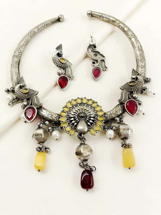 Padmavati Yellow Peacock Oxidized Hasli Style Necklace Set