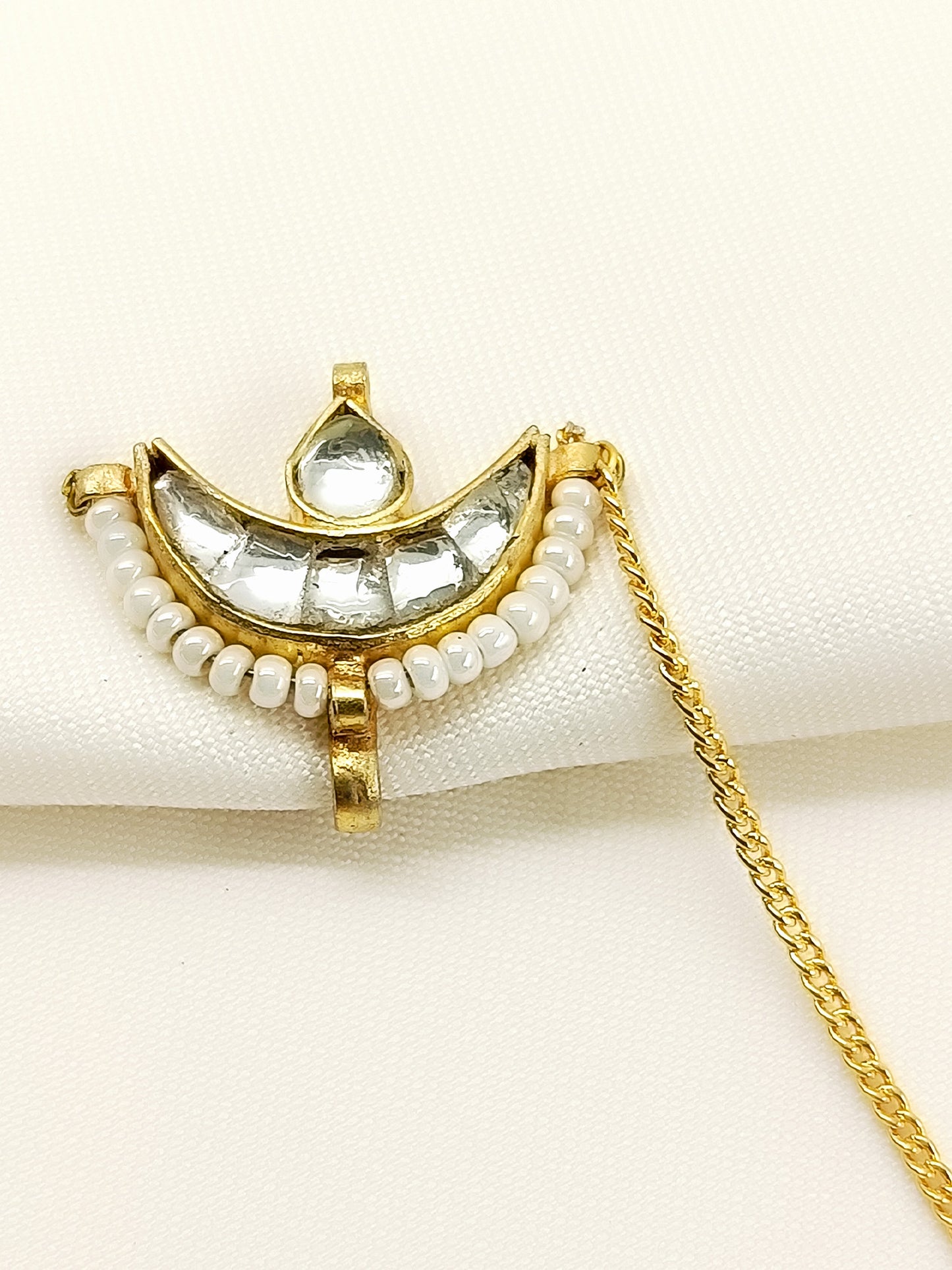 Jashn White Kundan Chandrakor Clip-on Nath with Chain - Maharashtrian Bridal Nath