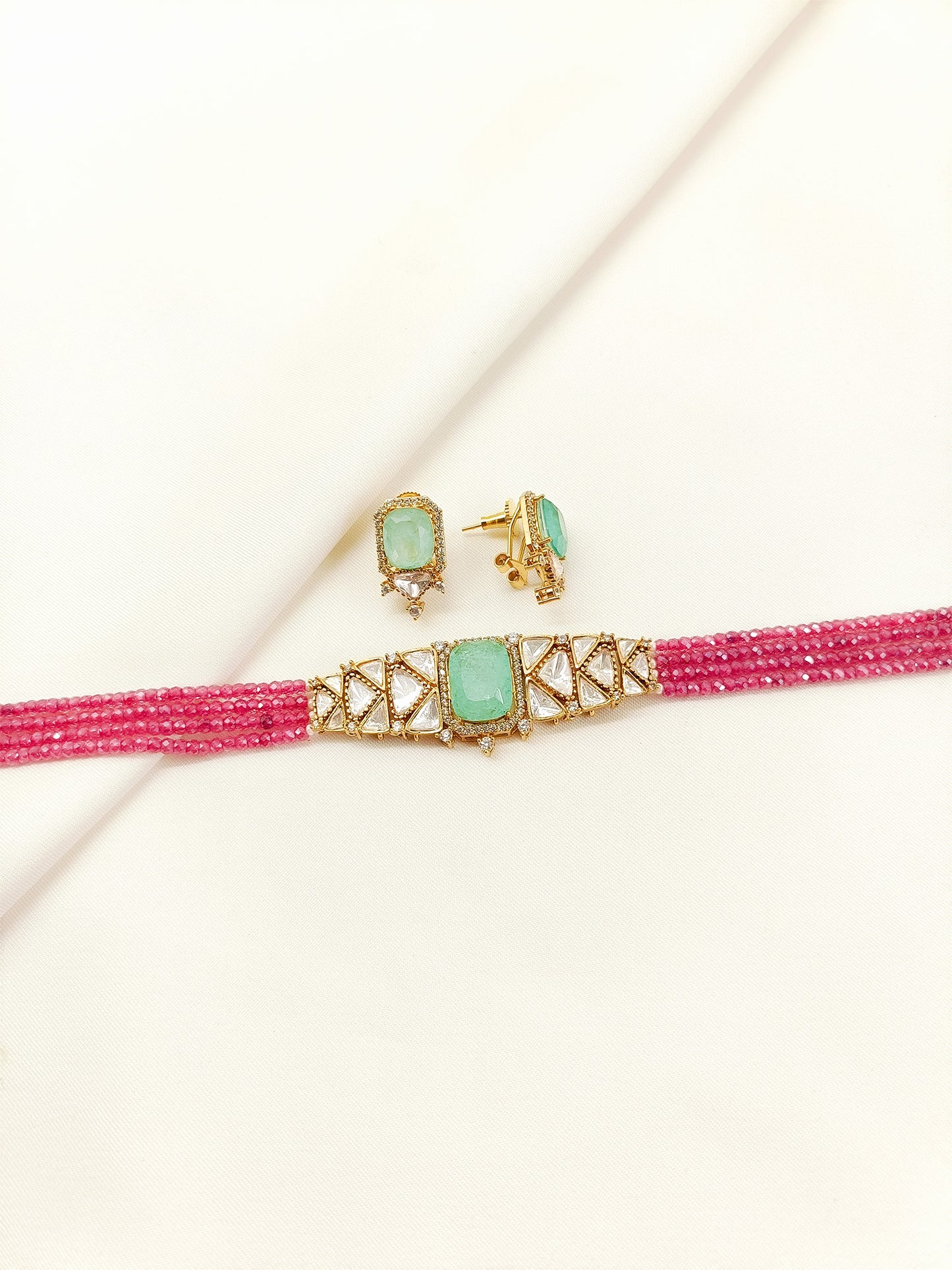 Naincy Mint Green & Pink Beaded Kundan Choker Set