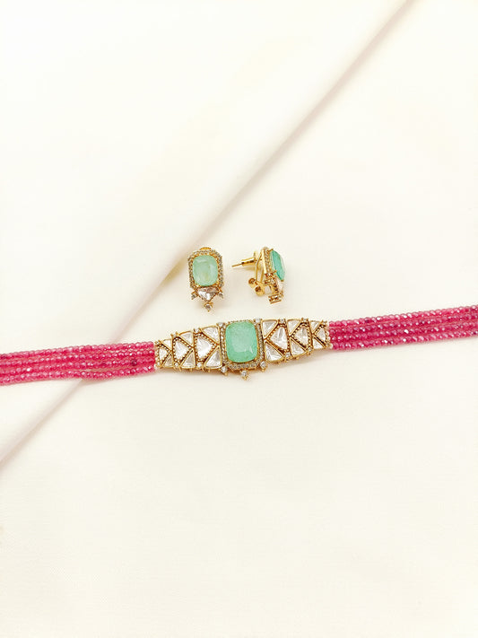 Naincy Mint Green & Pink Beaded Kundan Choker Set