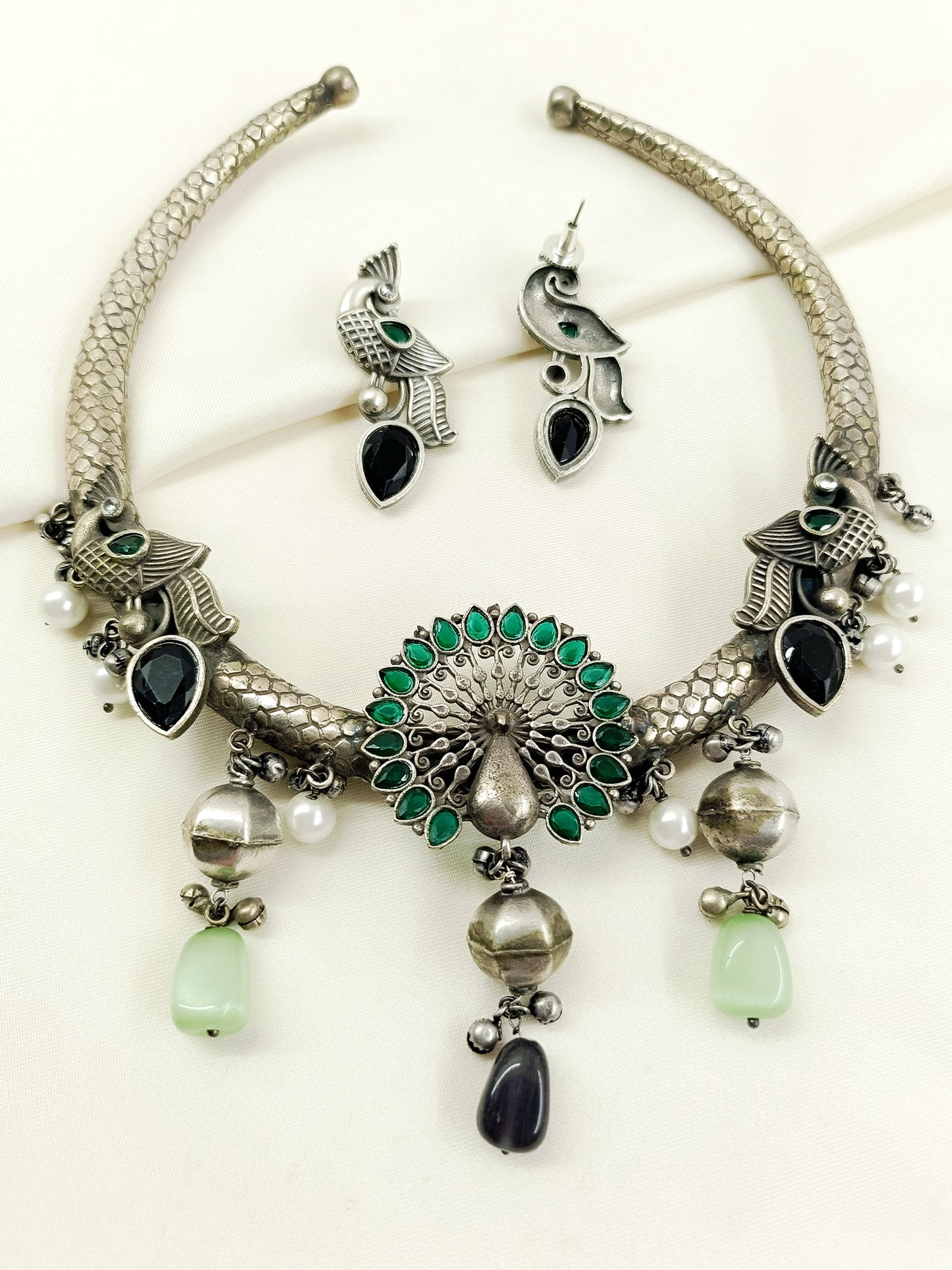 Madhushri Green Peacock Oxidized Hasli Style Necklace Set