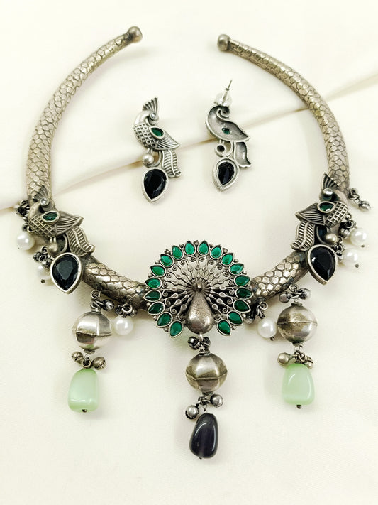 Madhushri Green Peacock Oxidized Hasli Style Necklace Set