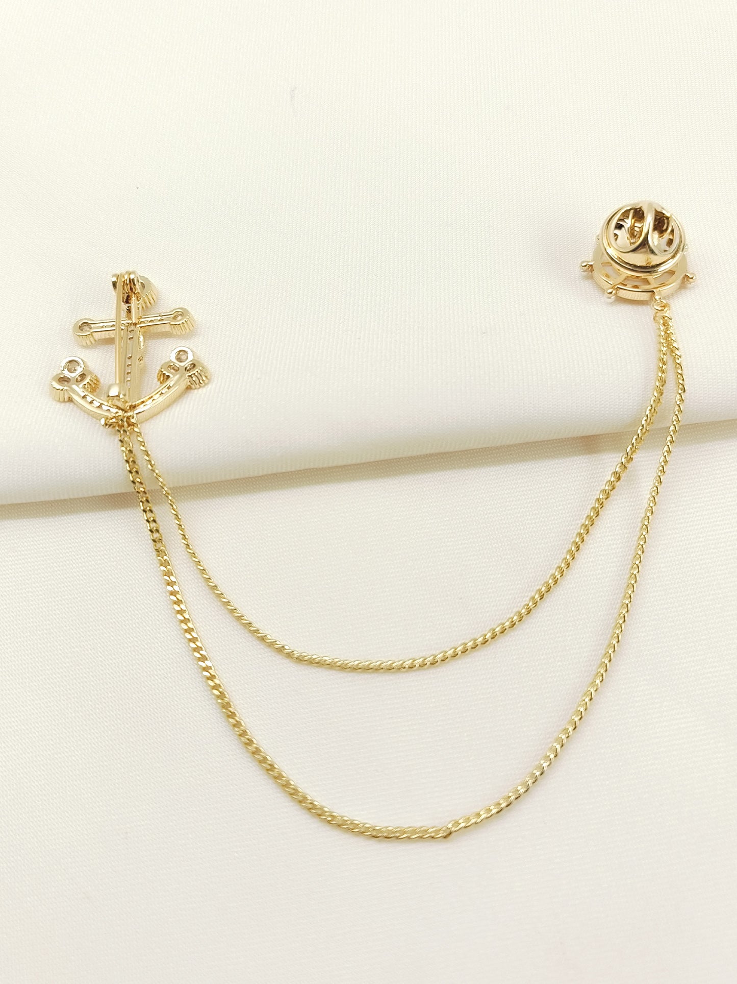 Sureeli Golden Anchor & Wheel Brooch Pin With Chain