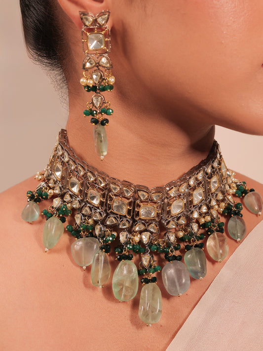 Bushra Mint Green Rhodium Plated Victorian Necklace Set