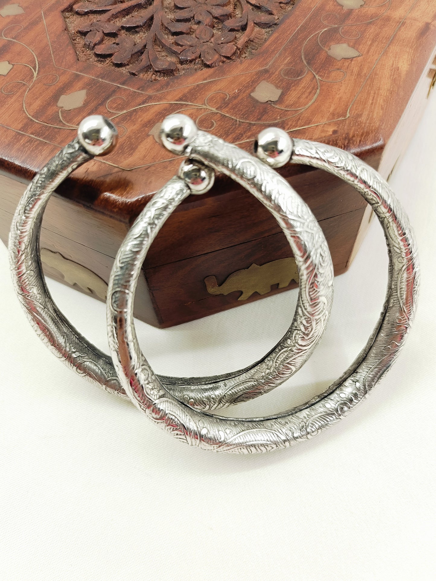Rishabh Oxidized Silver Carved Kada Pair for Men