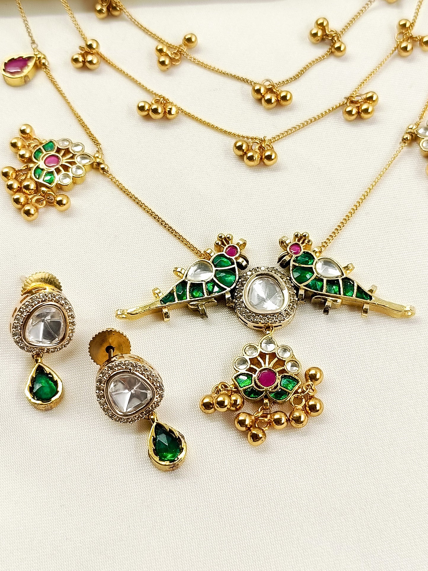 Anchal Mayura Green Parrot 3 Layer Kundan Long Necklace Set
