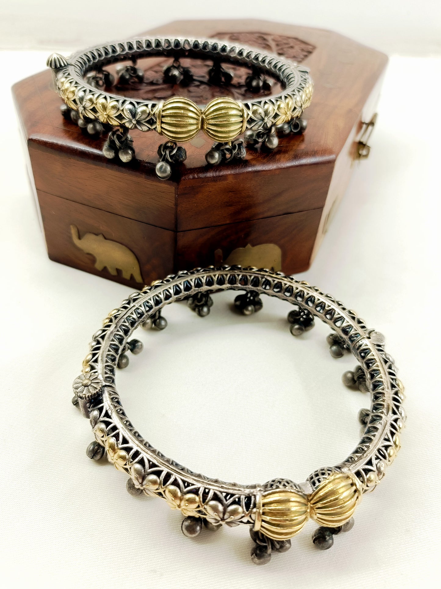 Charulata Dual-Tone Oxidized Floral Ghungroo Anklets