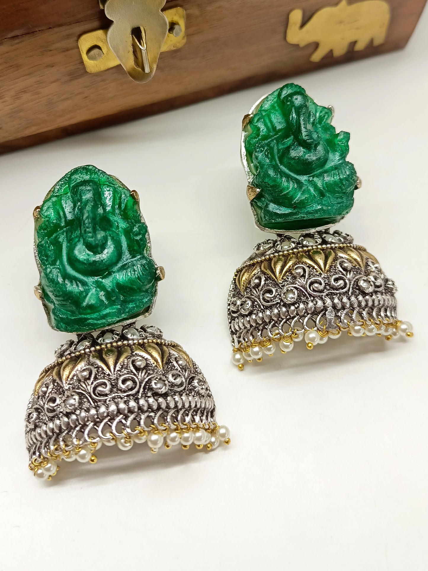 Mrinal Green Ganesh Ji Oxidized Earrings