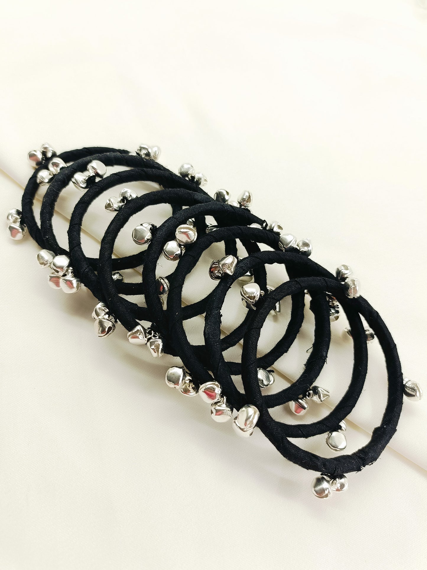 Zinal Black Cloth Bangles with Ghungroo | Handmade Fabric Churi Set of 8