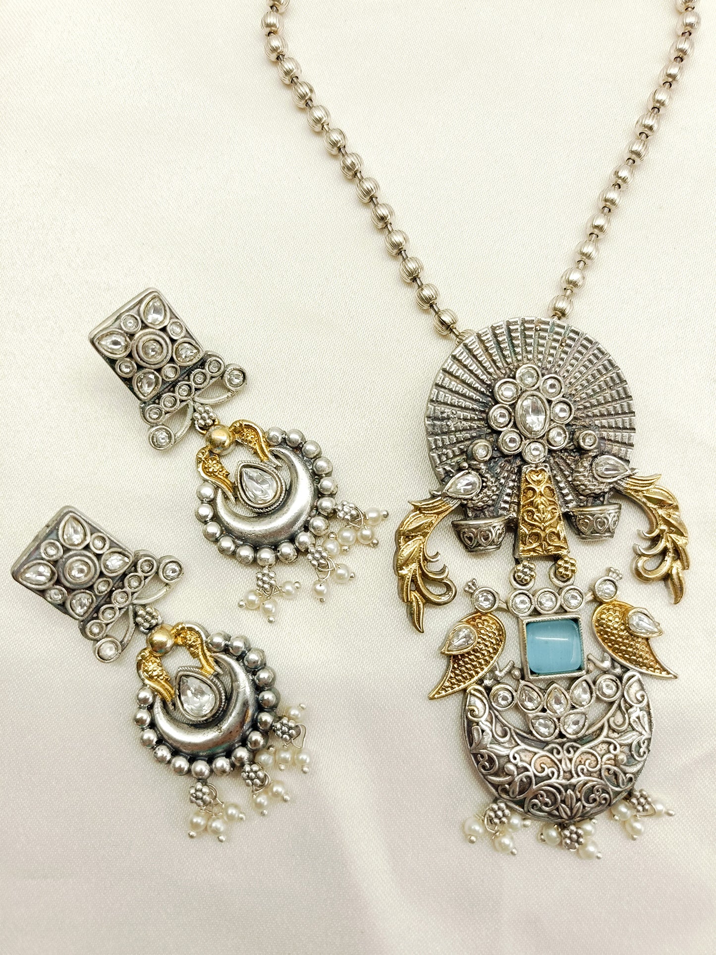 Begum Sky Blue Oxidized Pendant Set