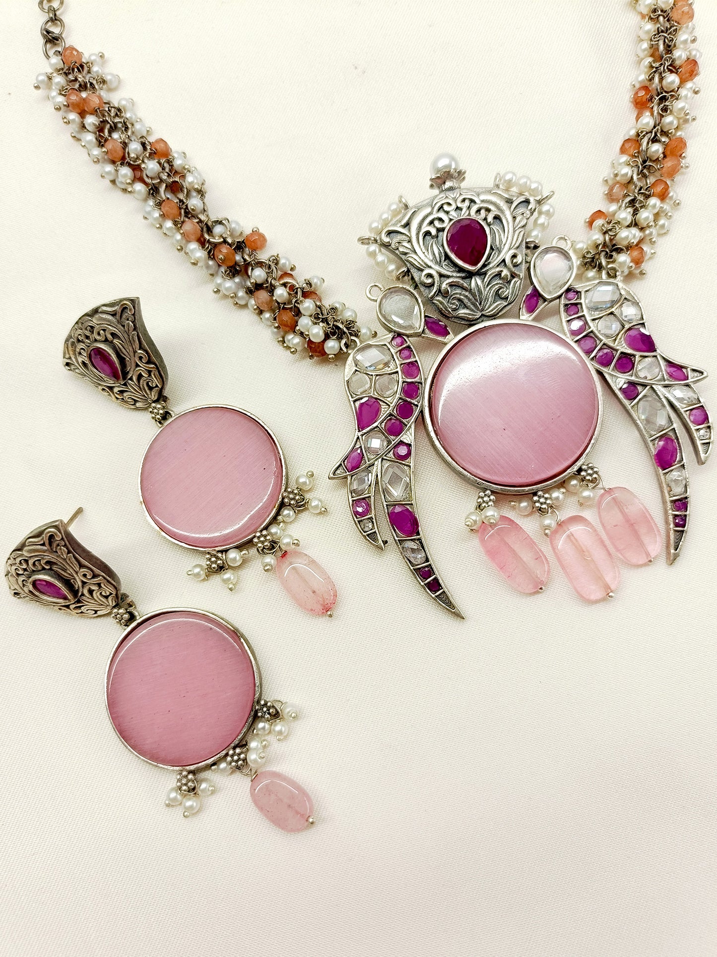 Visha Baby Pink Oxidized Pendant Set