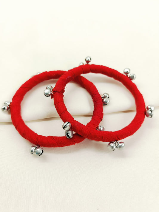 Shailee Red Cloth Bangles with Ghungroo - Handmade Fabric Churi Set of 8
