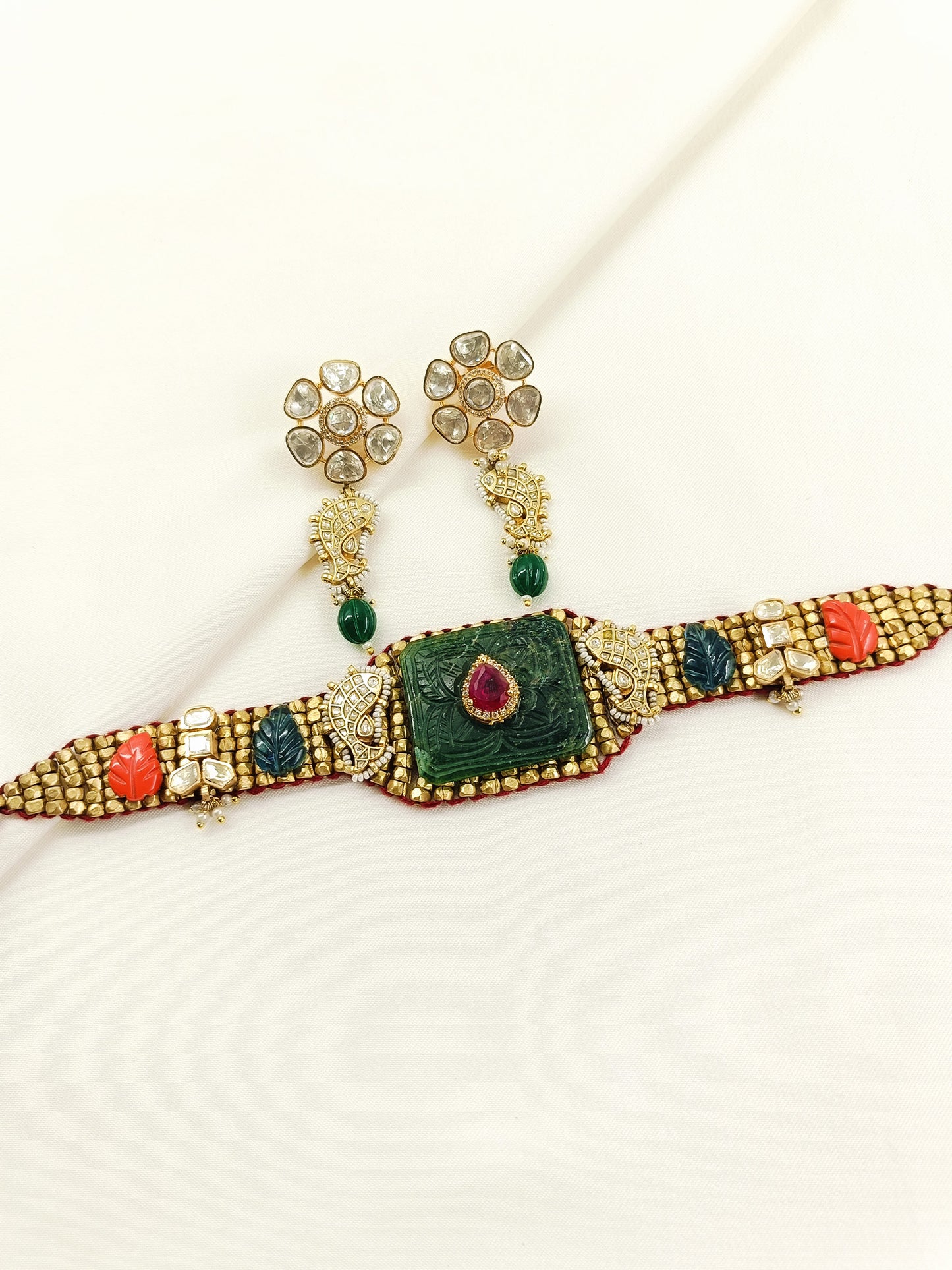 Brisa R&G Carved Stone Fusion Kundan Choker Set