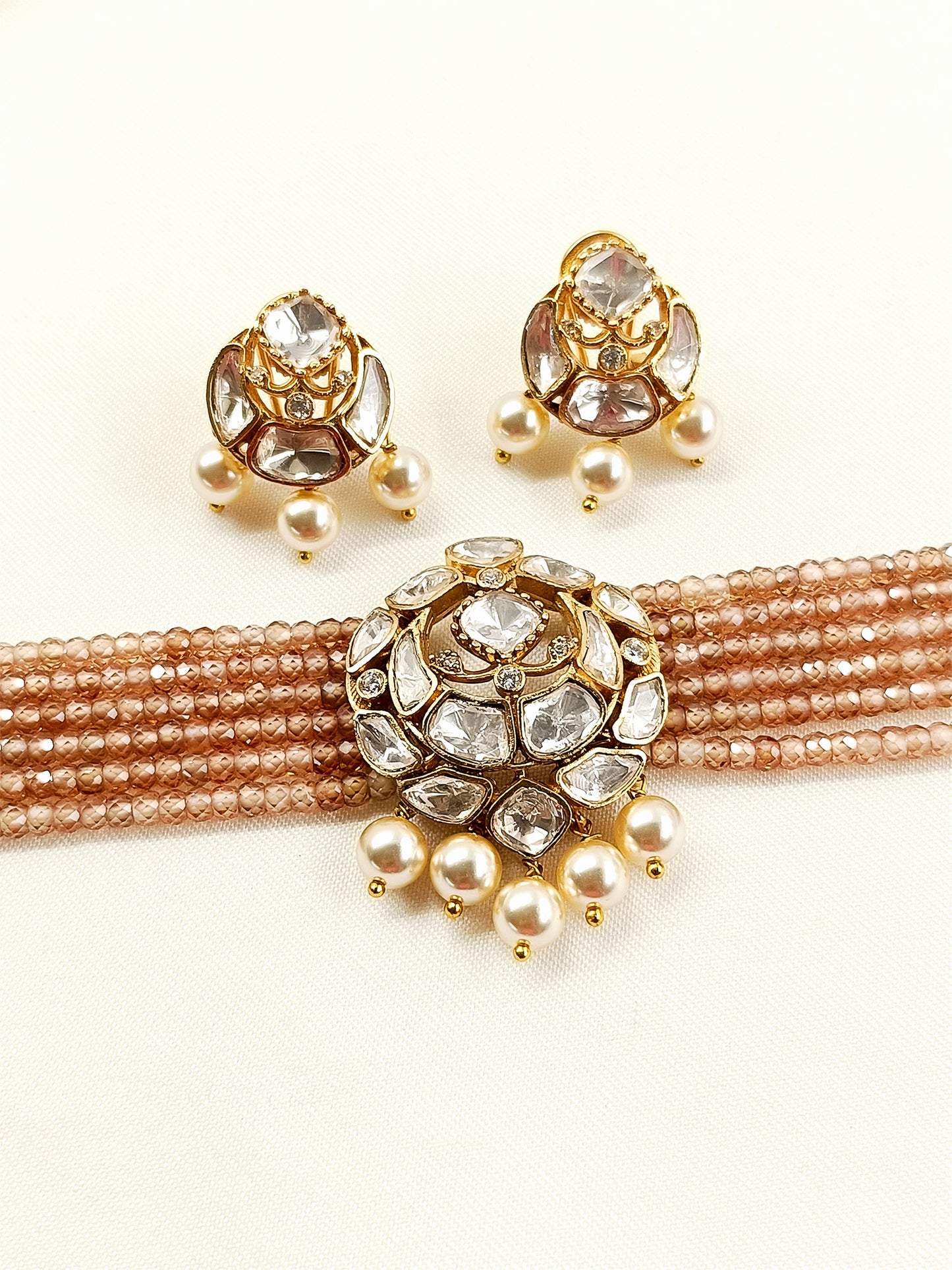 Dipta Champagne Beaded Kundan Choker Set