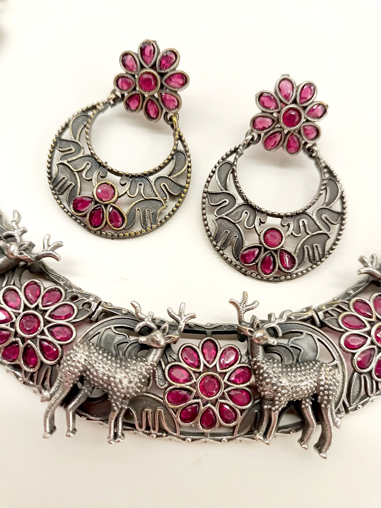 Cascade Ruby Deer Oxidized Necklace Set