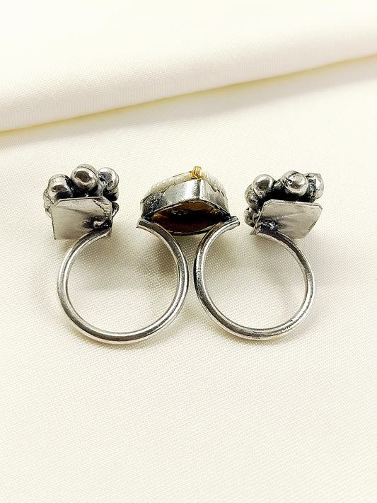 Kausalya Green Oxidized Dual-Finger Kundan Ghunghroo Ring
