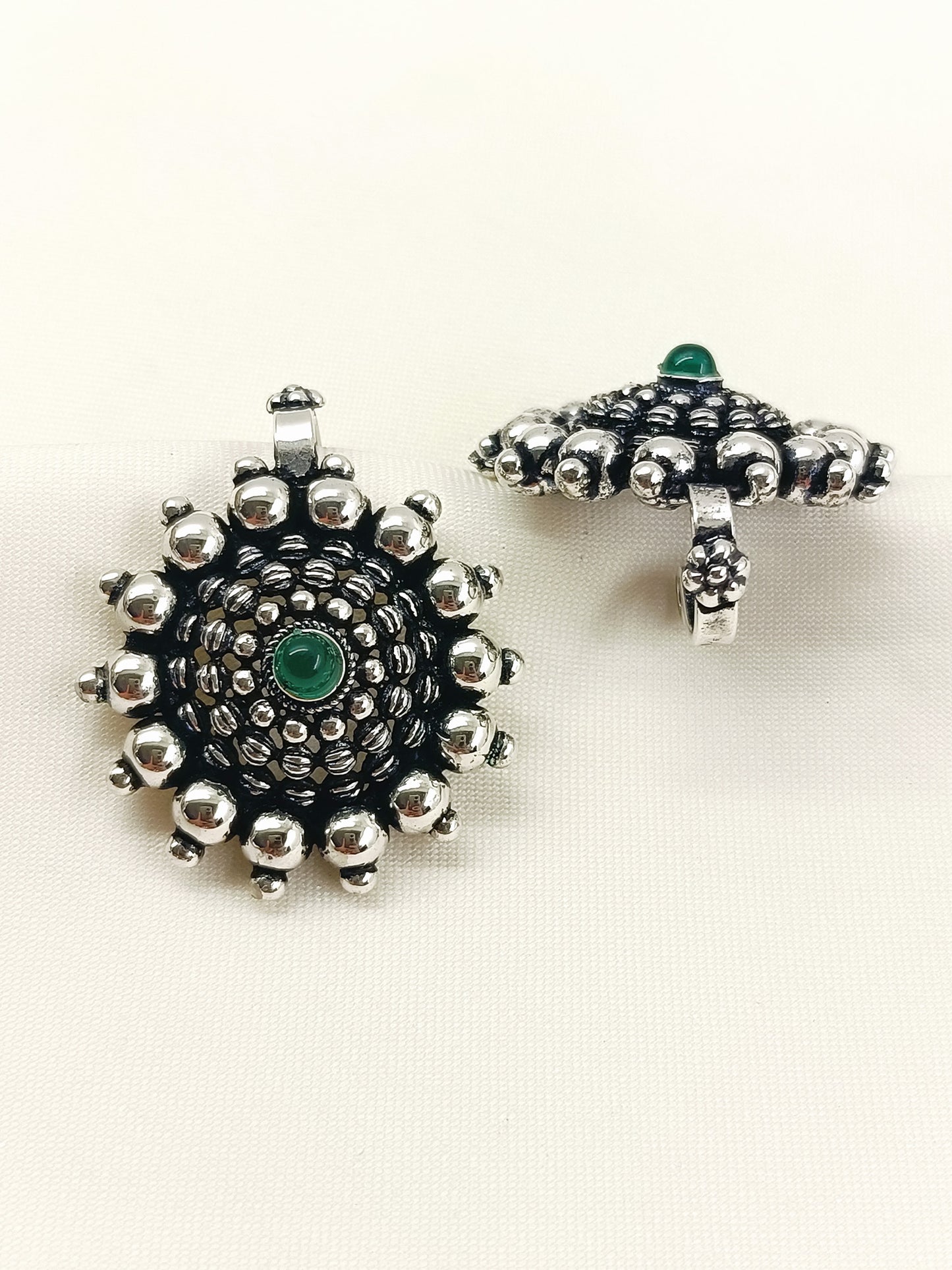 Tessa Oxidized Silver Sunburst Ear Cuff with Green Stone