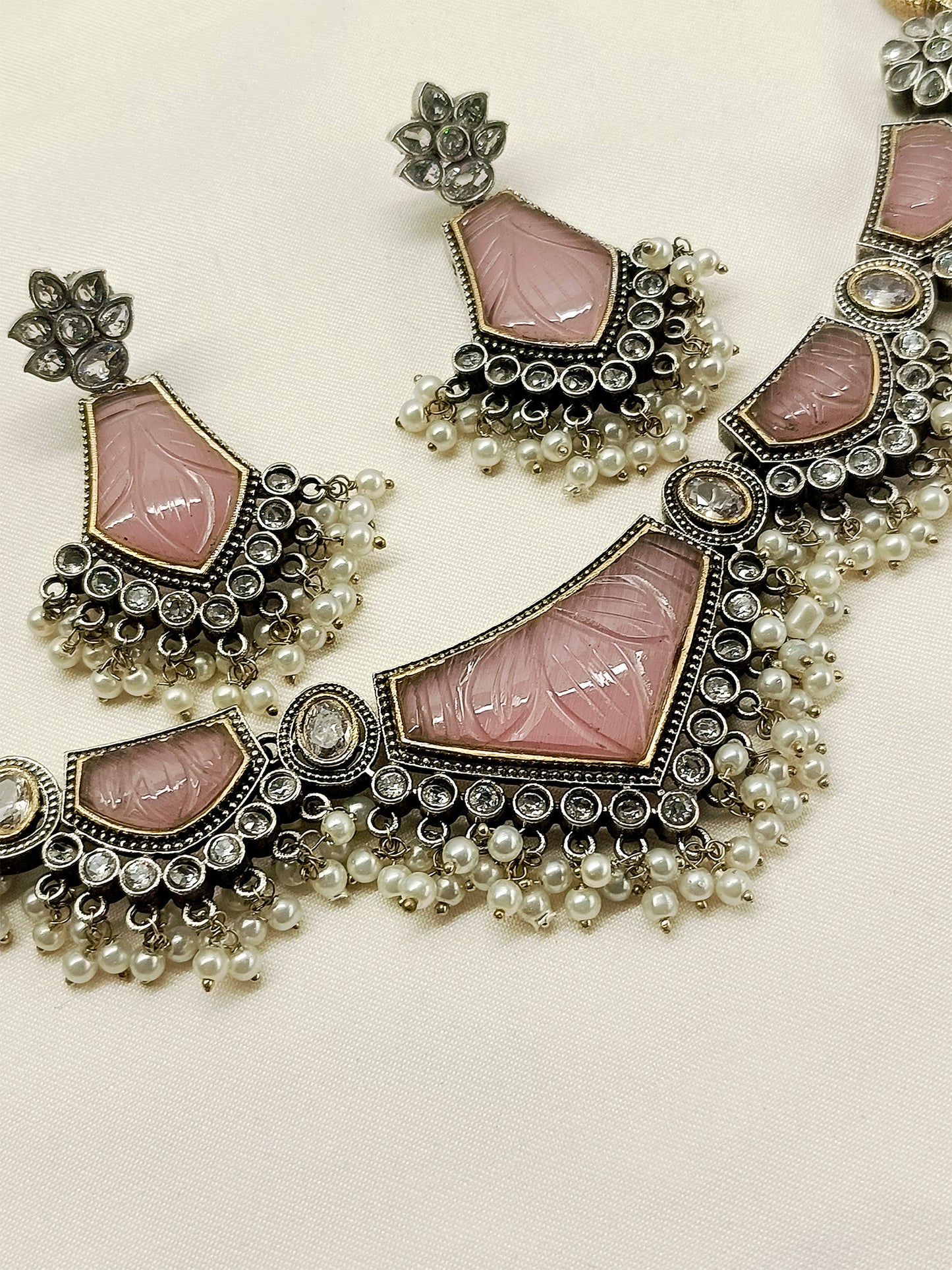 Amelia Baby Pink Oxidized Necklace Set