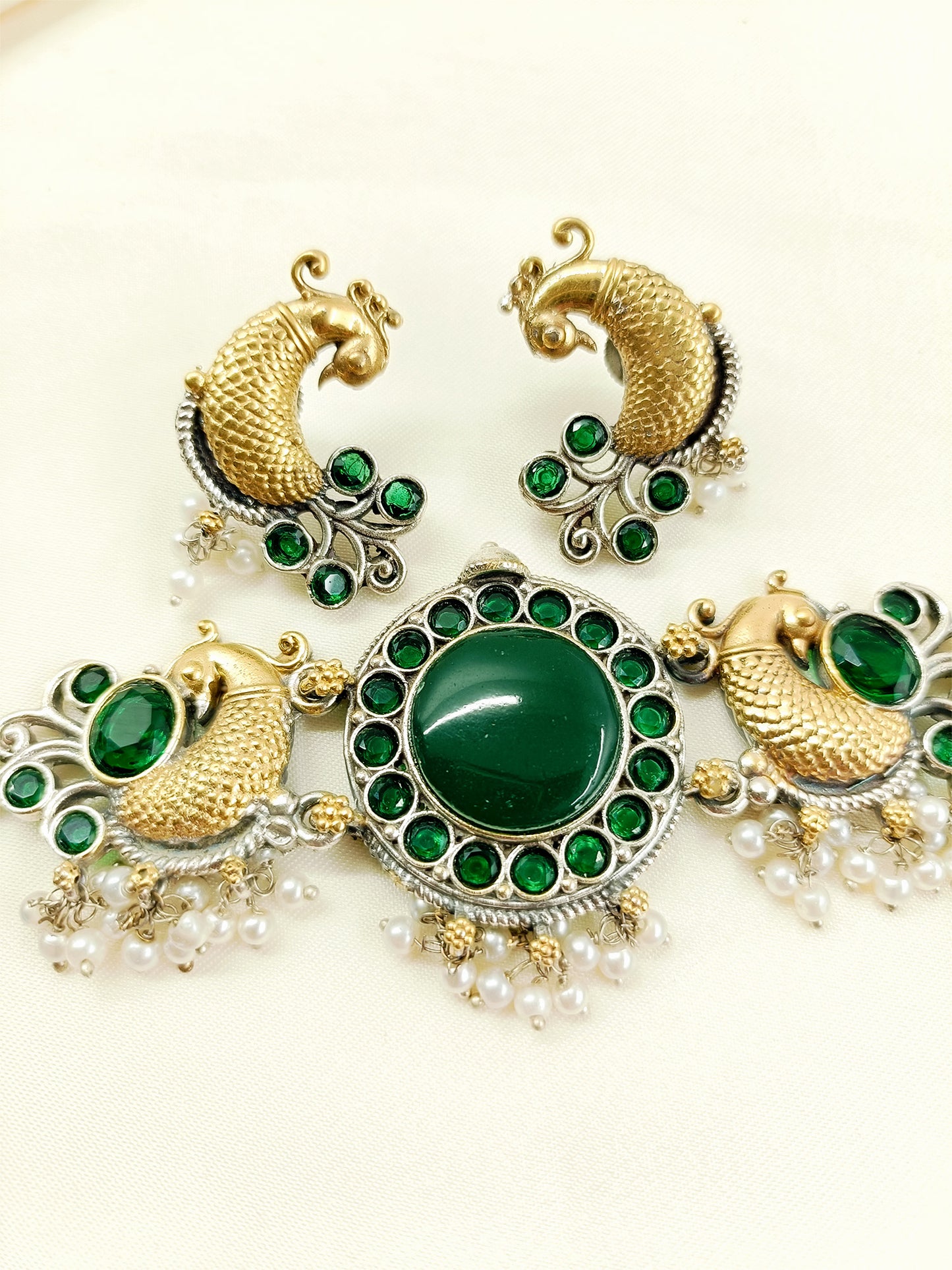 Jiya Green Oxidized Dual-Tone Peacock Choker Set