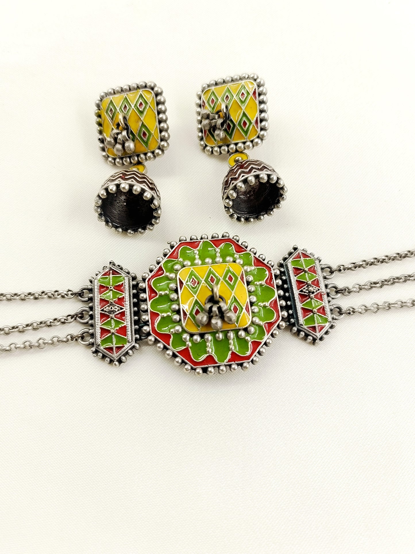 Bailee Multi Colour Oxidized Choker Set With Hathphool