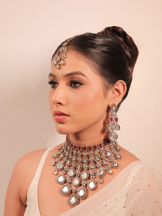 Laksh Maroon Diamond Polki Necklace Set