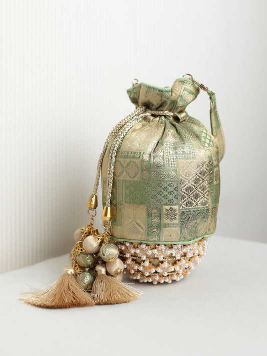 Doris Sage Green Banarasi Brocade Potli Bag with Pearl Base