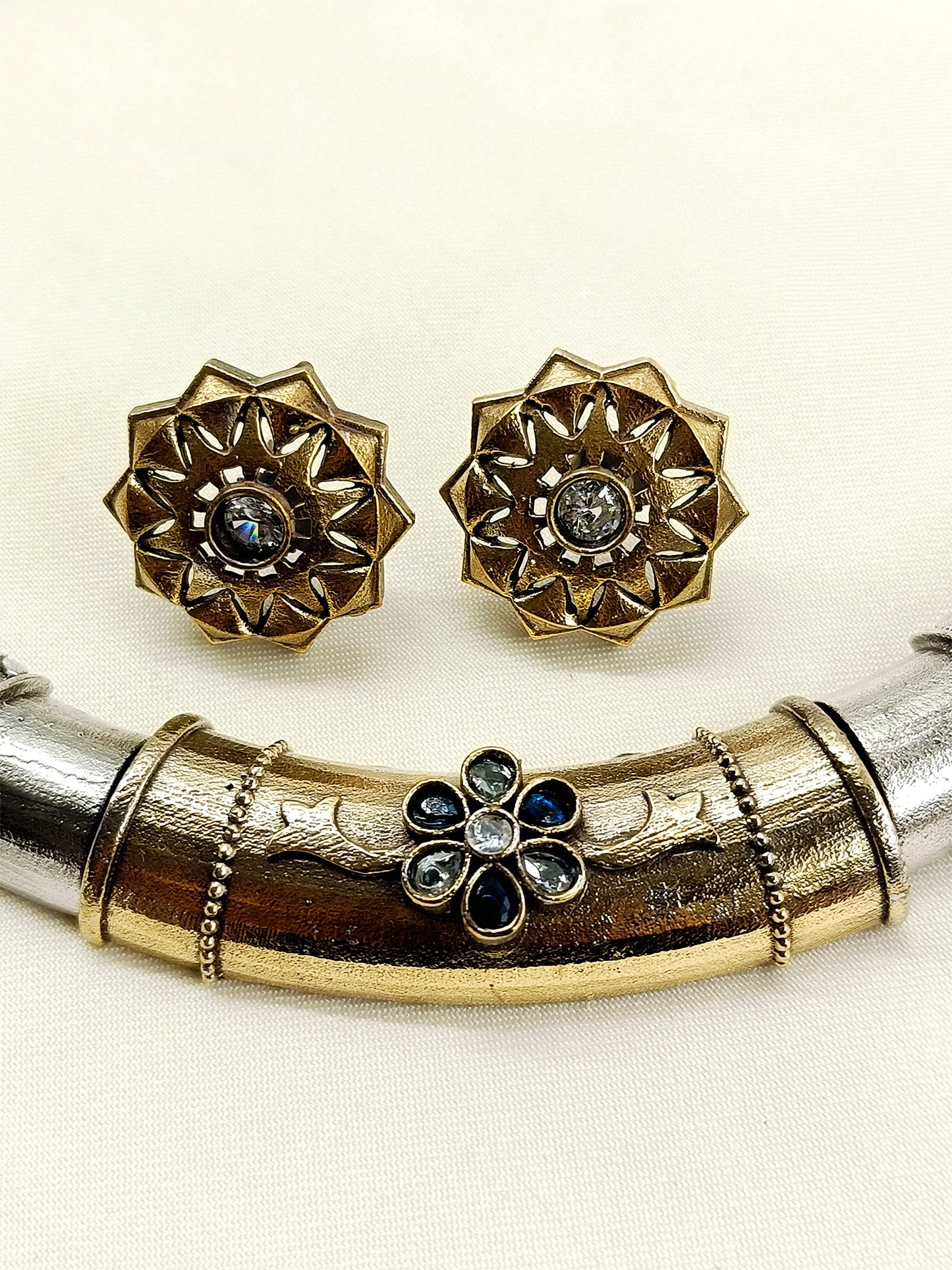 Nilima Blue Oxidized Hasli Styled Choker Set