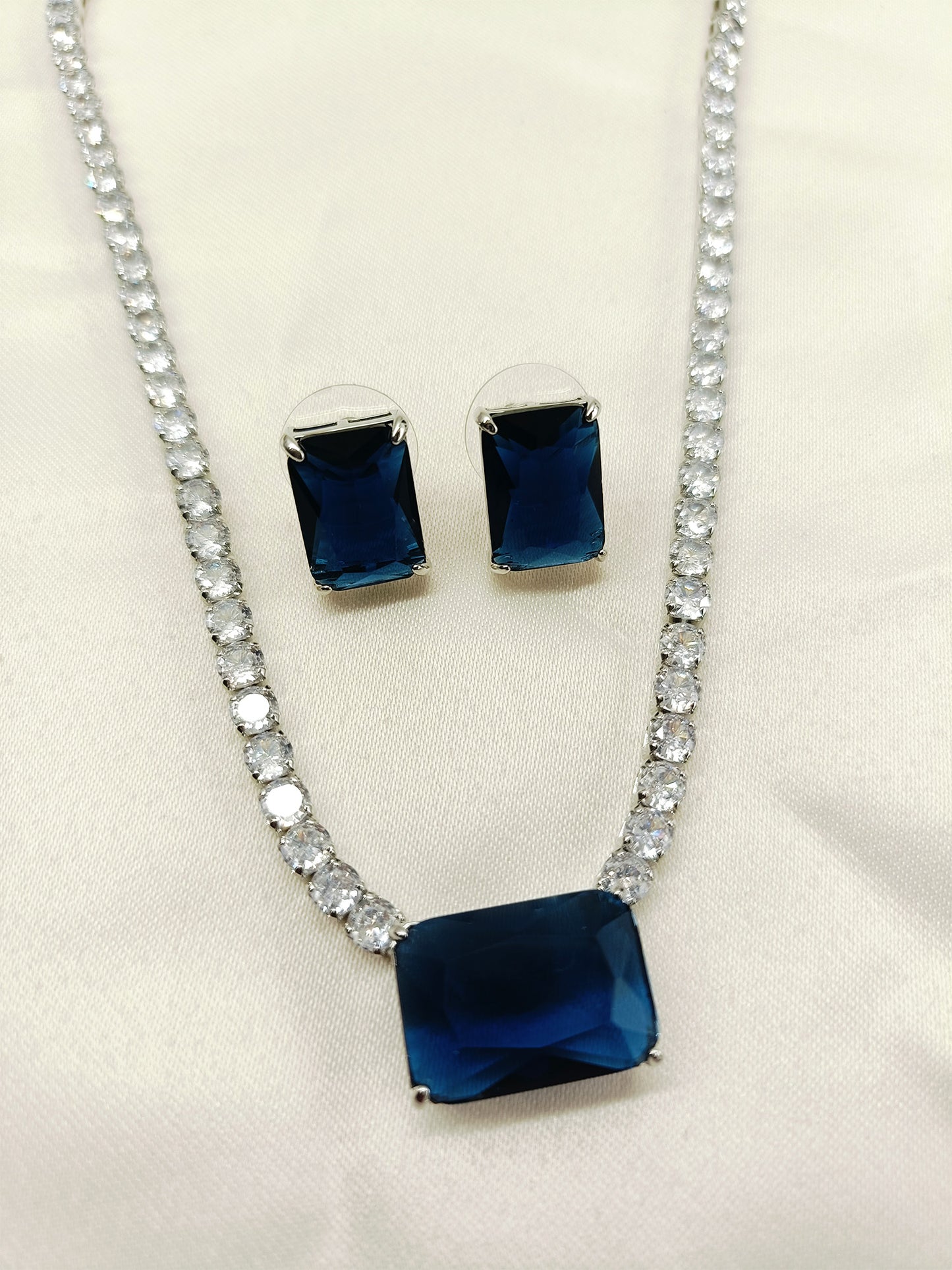 Asuee Blue Sapphire American Diamond Necklace Set