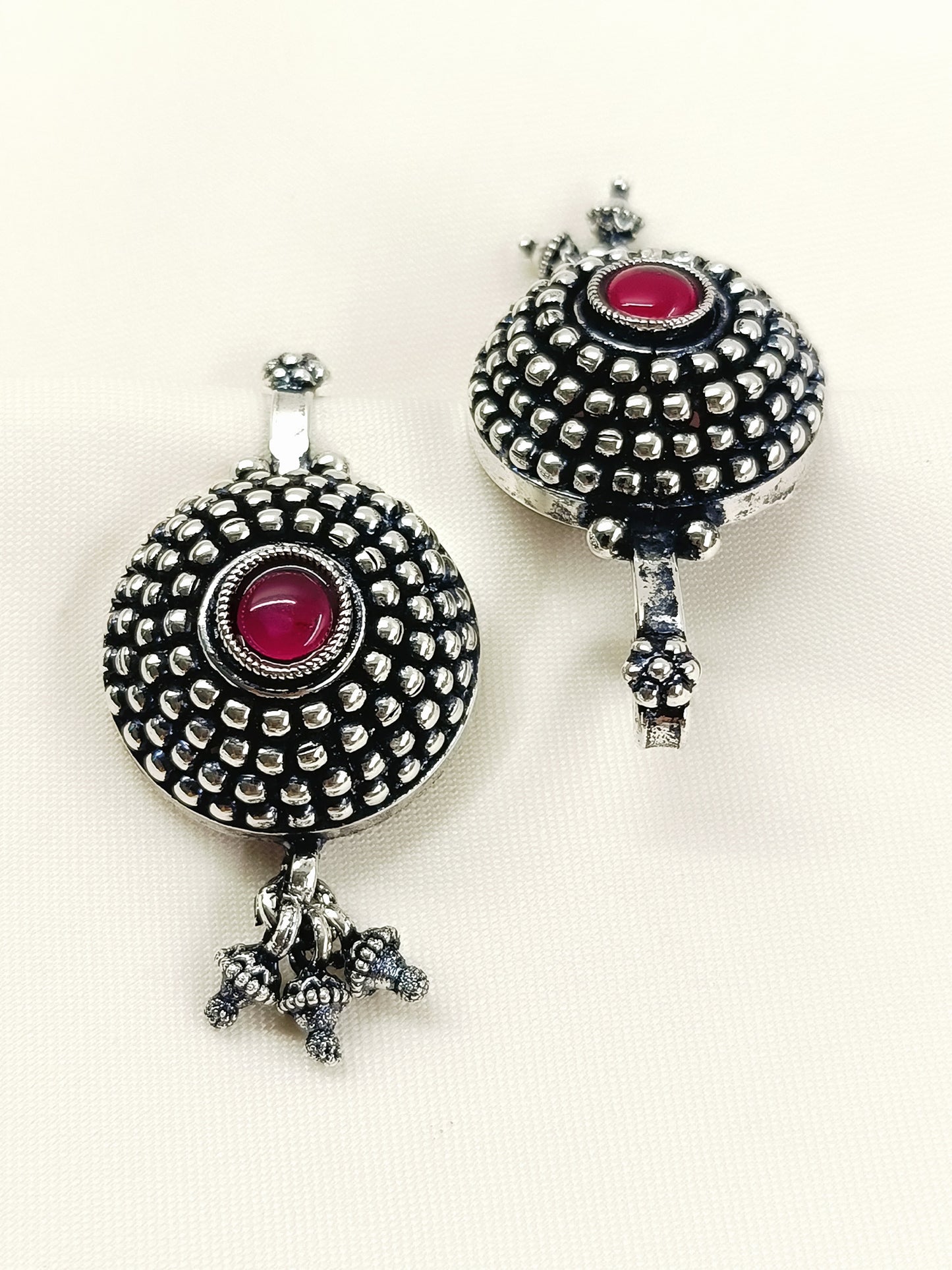 Anchal Oxidized Tribal Sunburst Ear Cuff with Ruby Pink Stone & Ghungroo