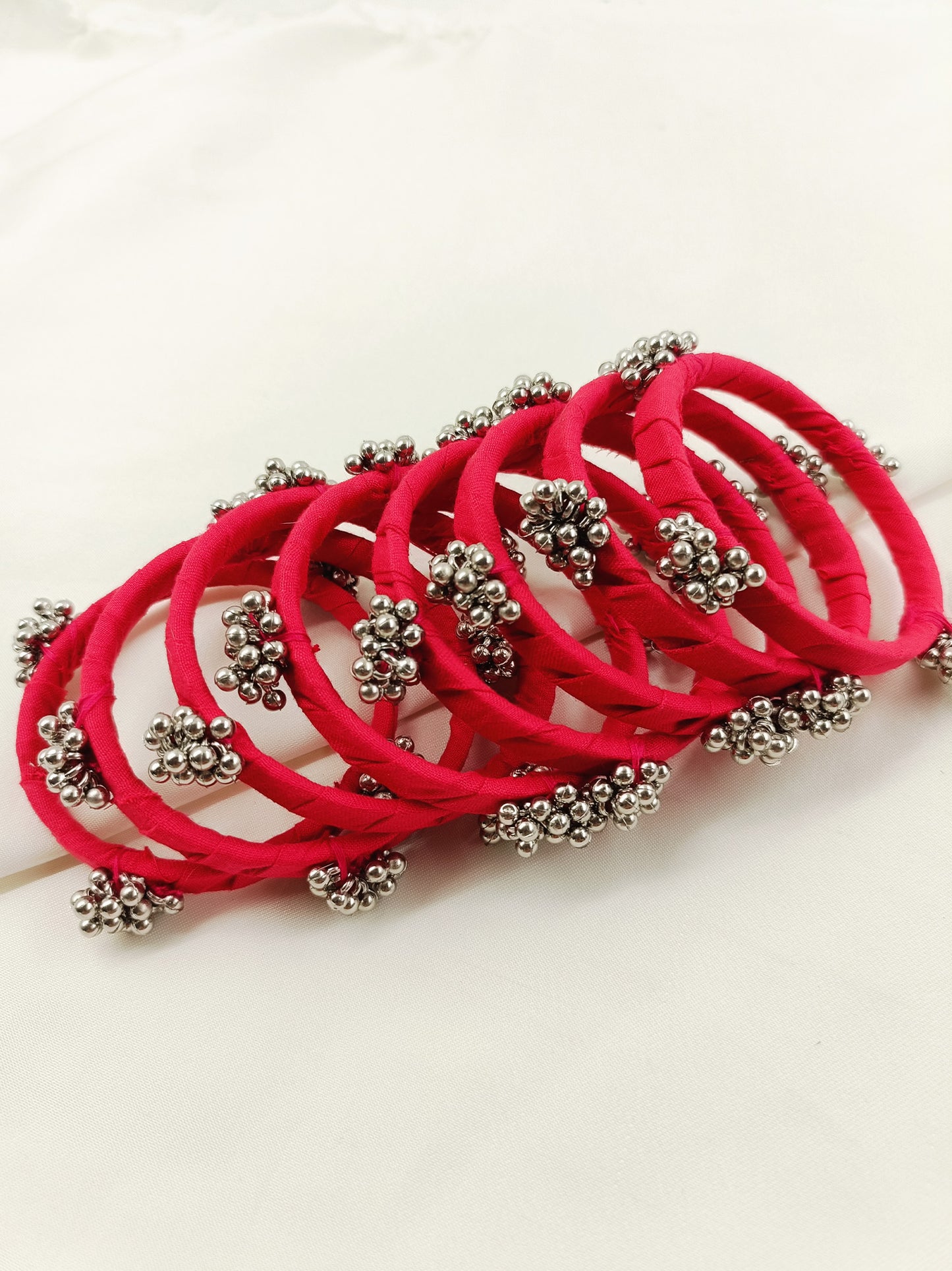 Sadiya Rani Pink Heavy Ghungroo Cloth Bangles | Designer Fabric Churi Set of 8 |