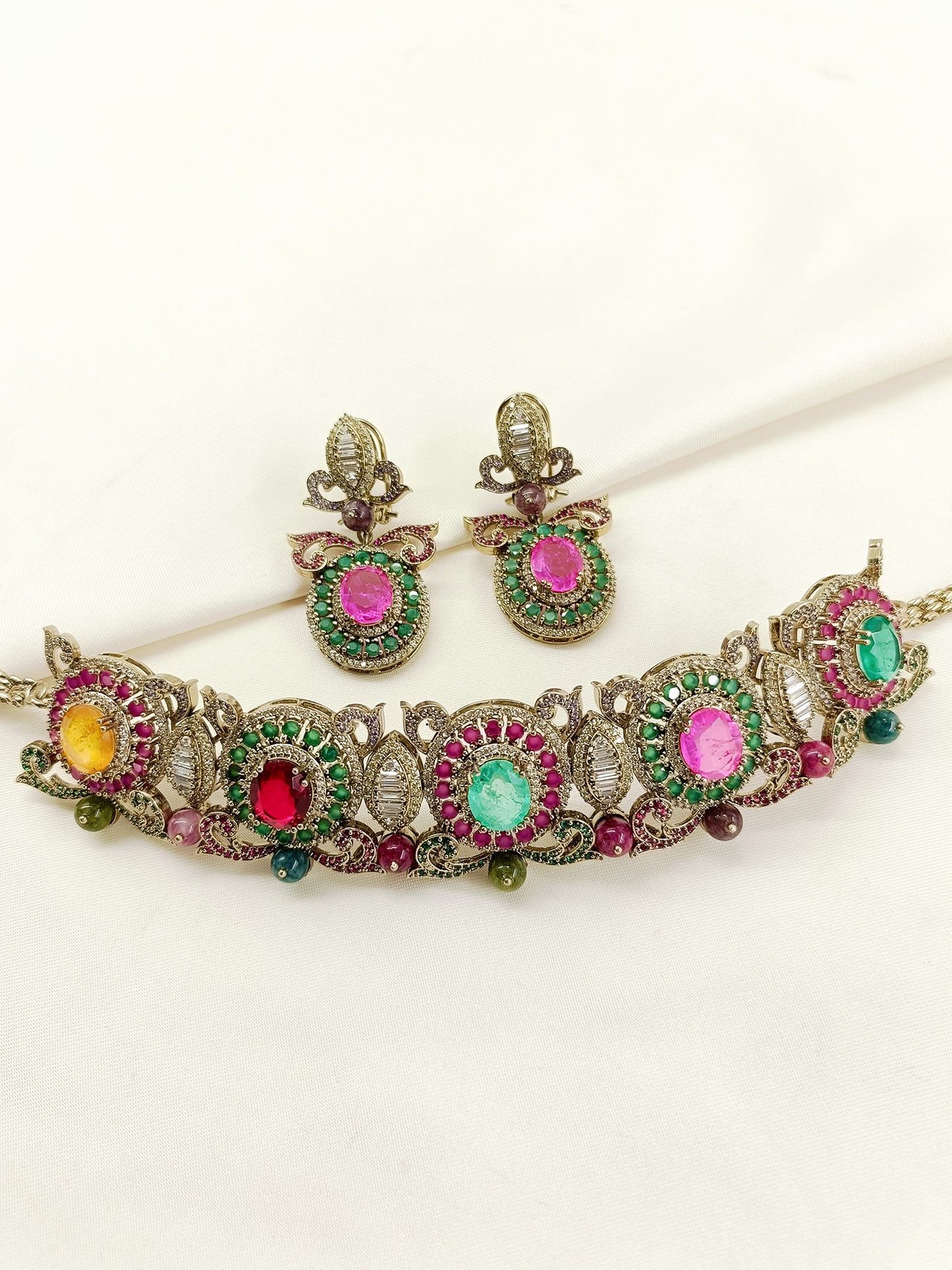 Nora Navratan Victorian Choker Necklace Set with Earrings