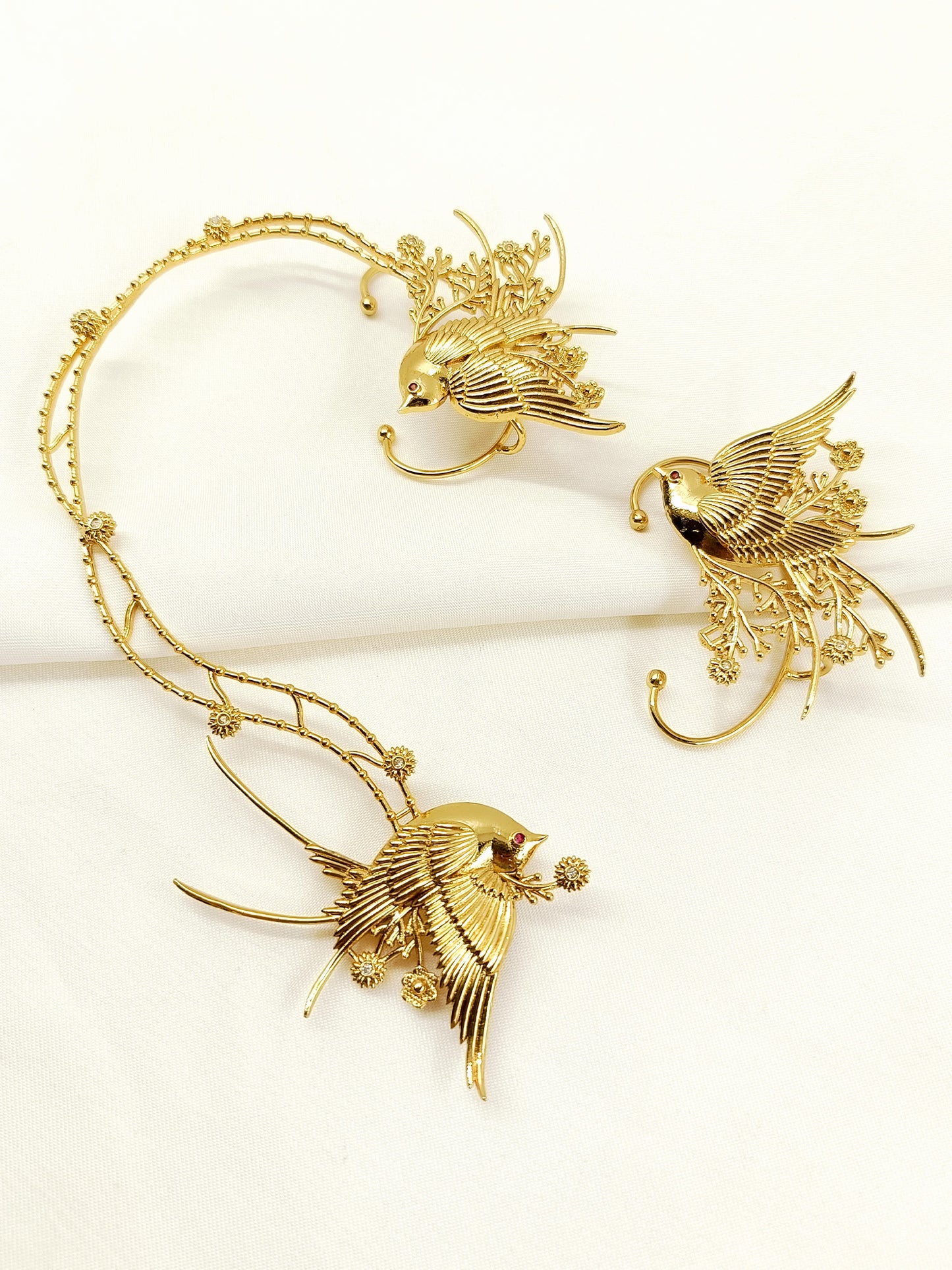 Noshin Golden Women’s Bird & Floral Branch Earcuffs