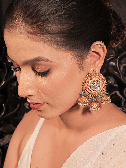 Kajal Sky Blue Stone Gold Plated Antique Jhumki