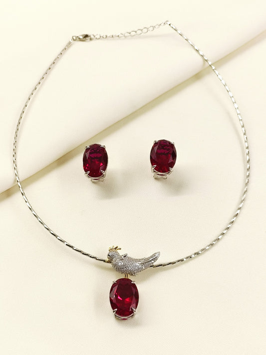 Khursheed Ruby American Diamond Pendant Set With Hasli
