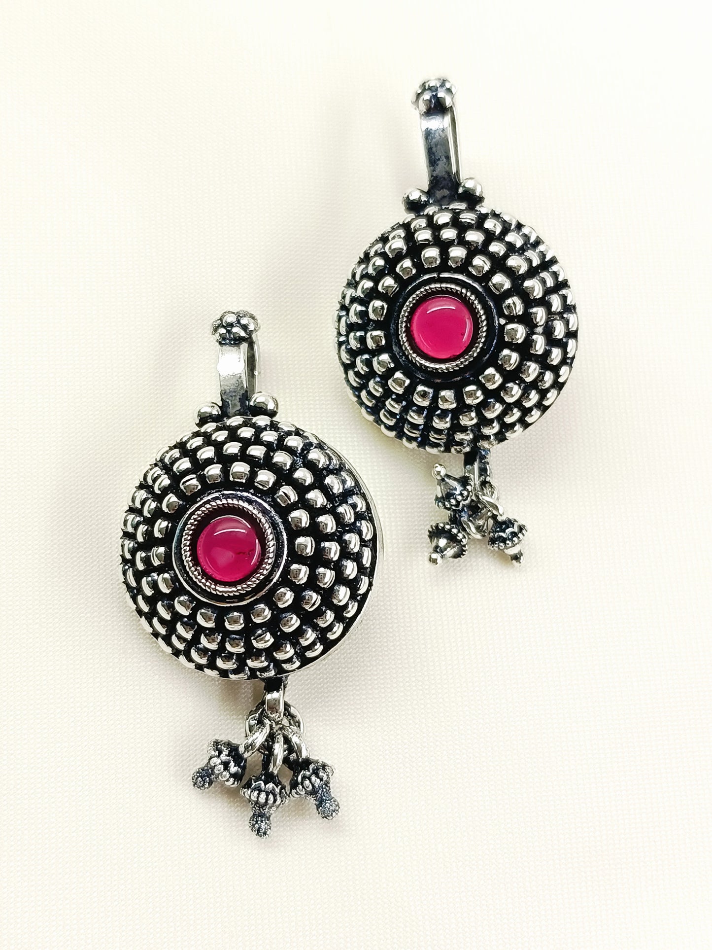 Anchal Oxidized Tribal Sunburst Ear Cuff with Ruby Pink Stone & Ghungroo