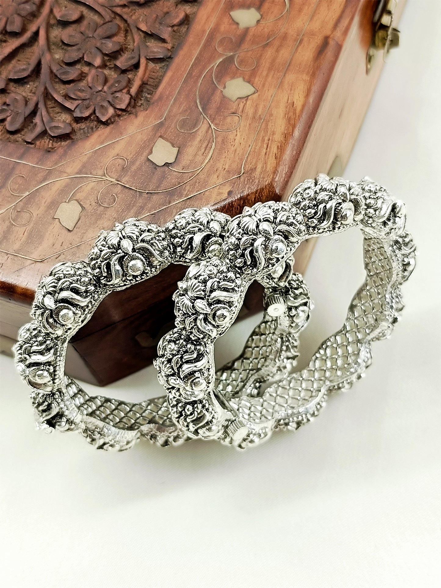 Alaya Silver Oxidized Floral Jaali Bangles