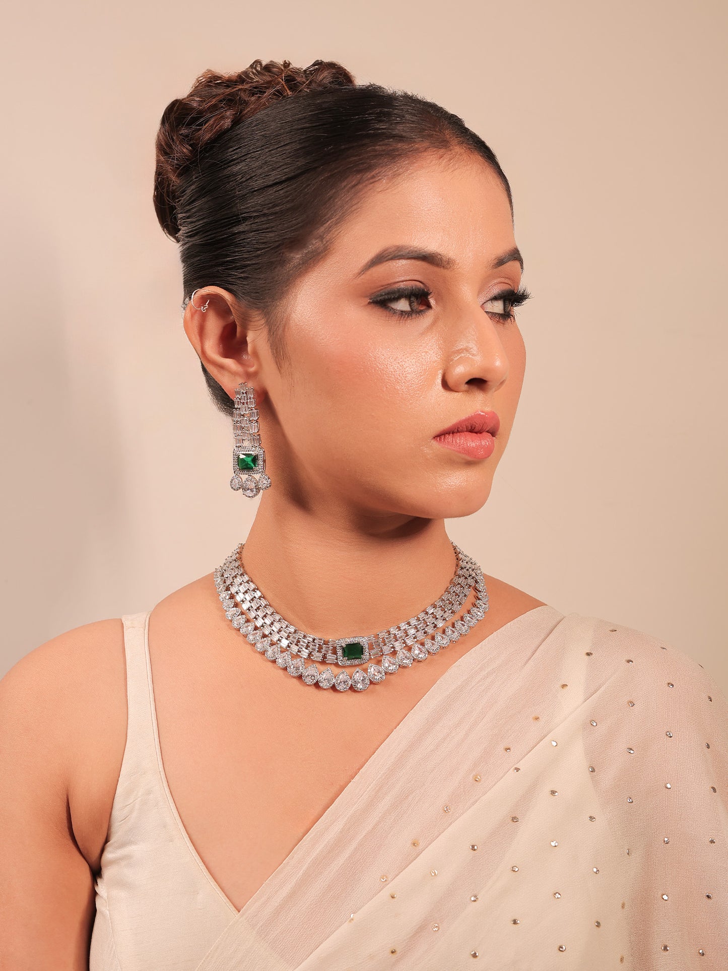 Shya Green Double Layer American Diamond Necklace Set