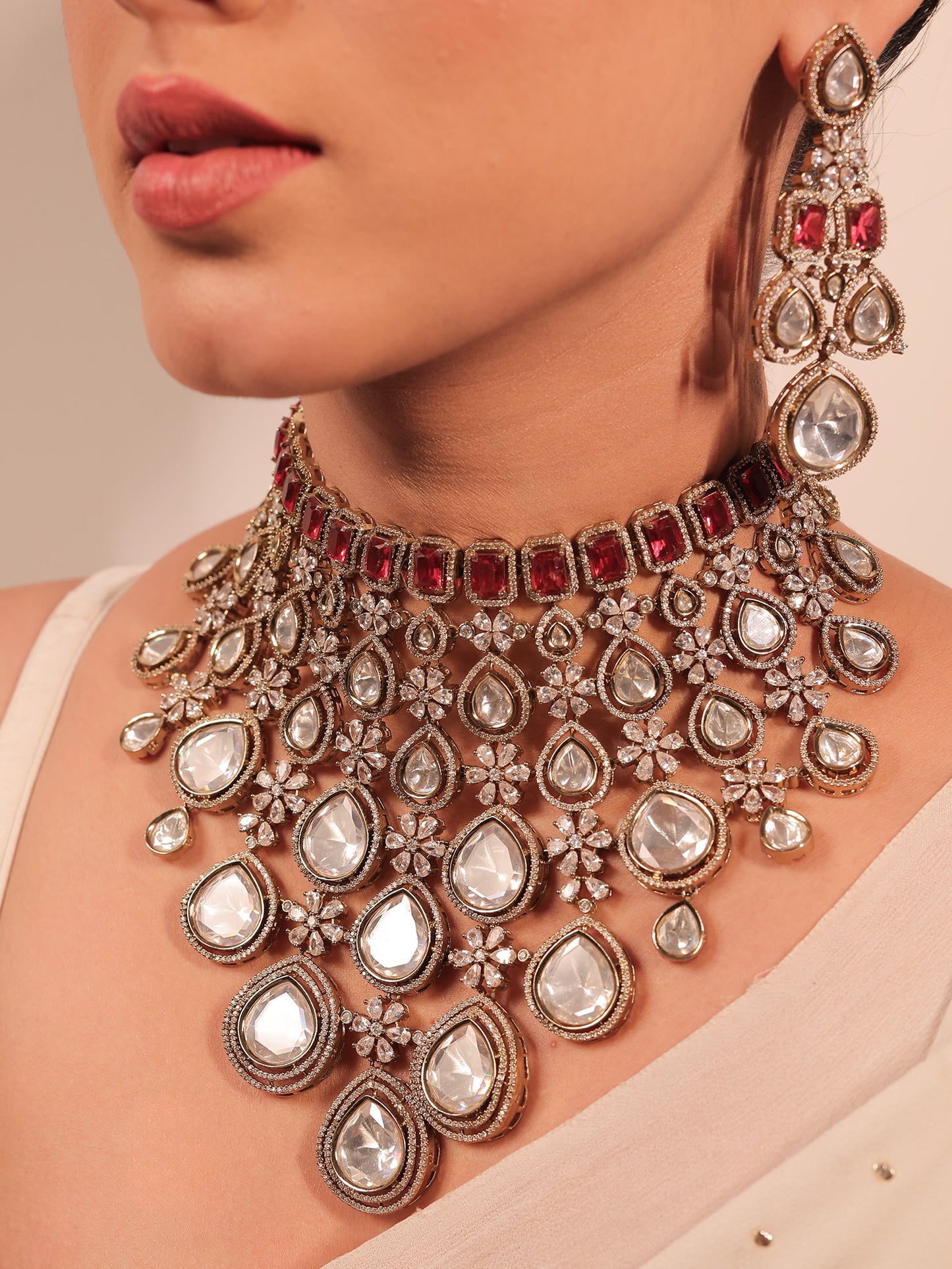 Laksh Maroon Diamond Polki Necklace Set