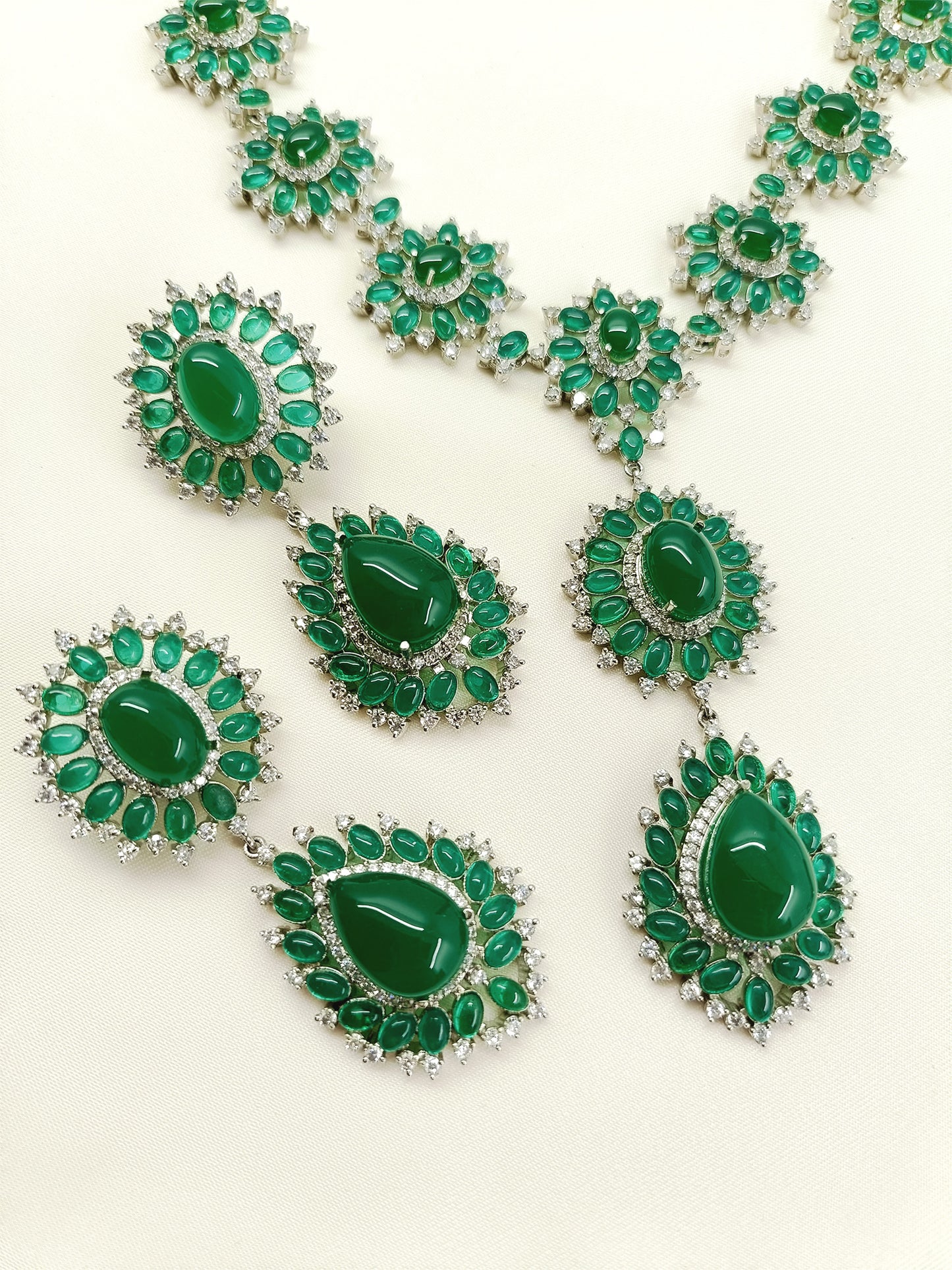 Aatifa Emerald American Diamond Necklace Set With Finger Ring