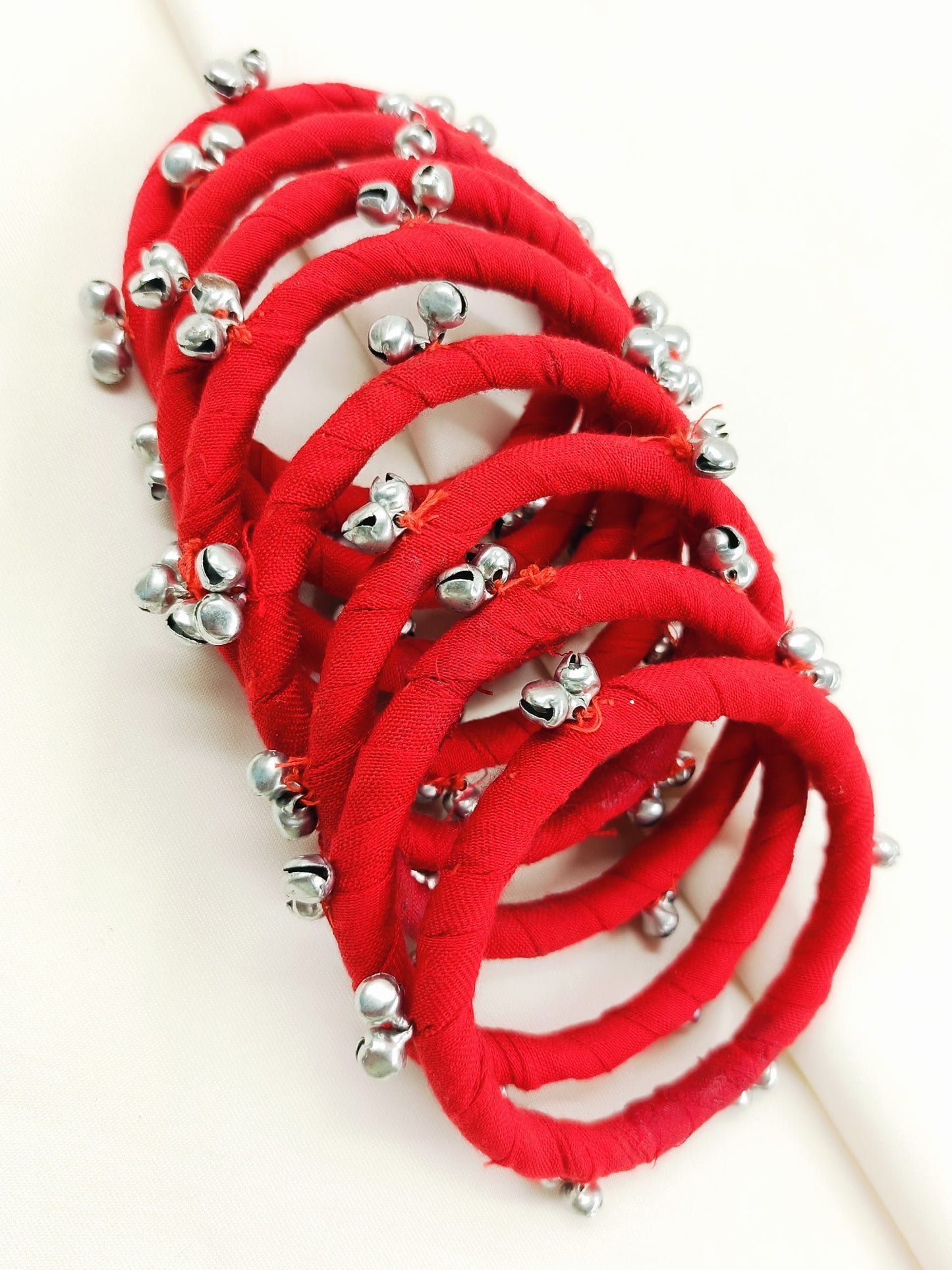 Shailee Red Cloth Bangles with Ghungroo - Handmade Fabric Churi Set of 8