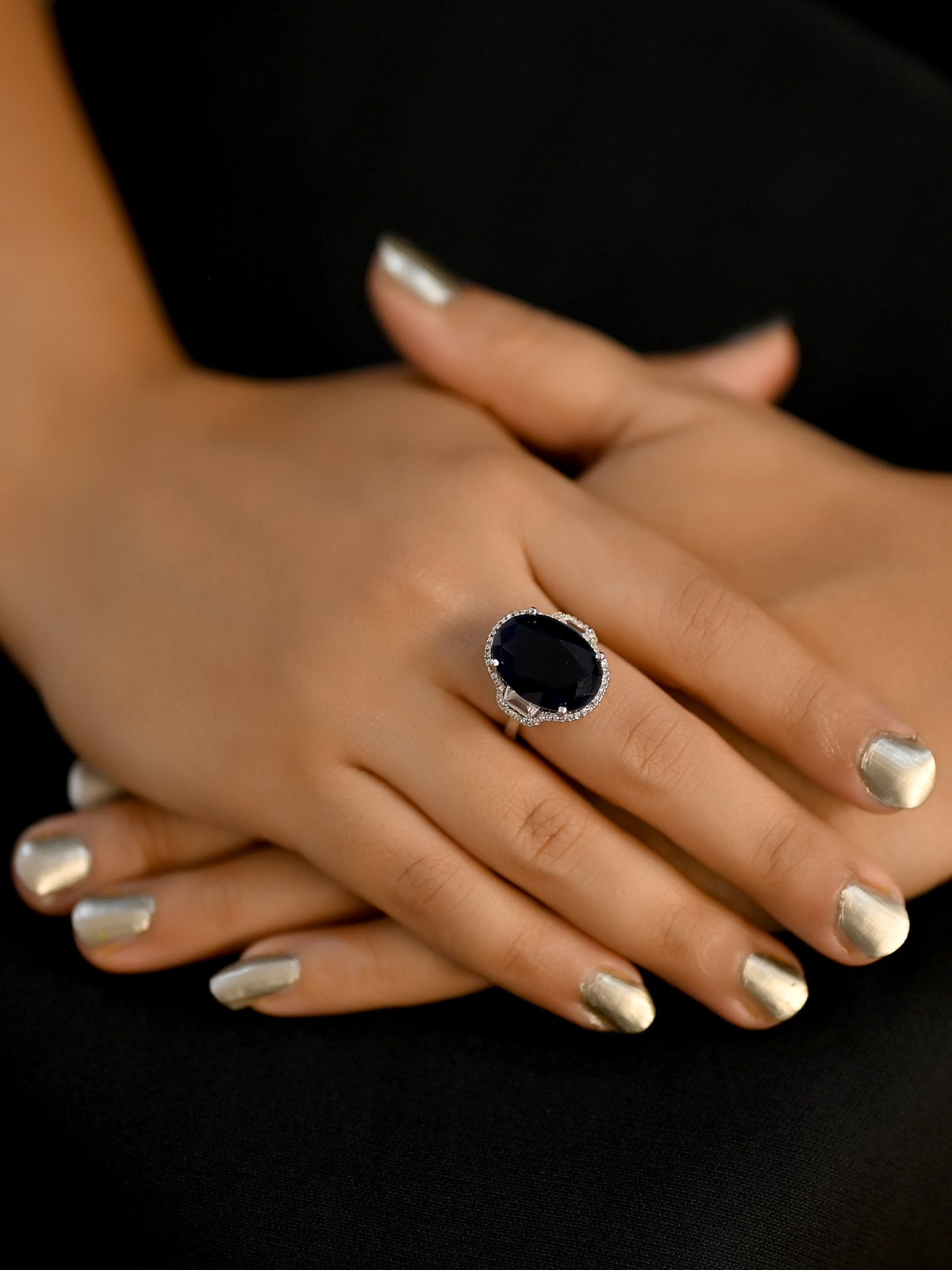 Harinakshi Navy Blue American Diamond Finger Ring