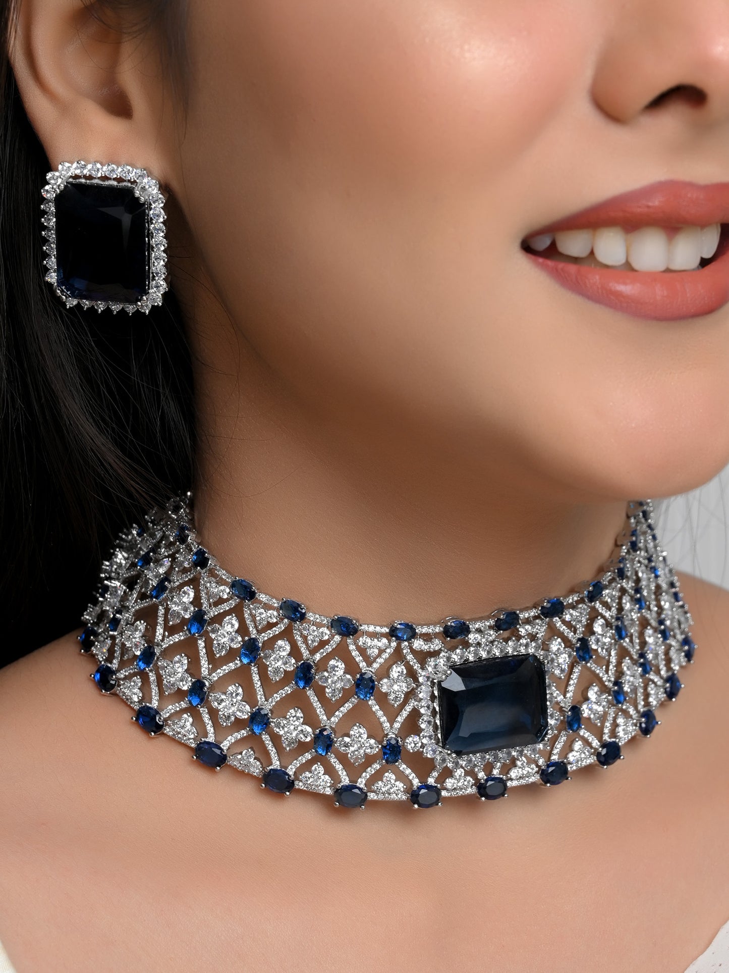 Amaira Navy Blue American Diamond Necklace Set