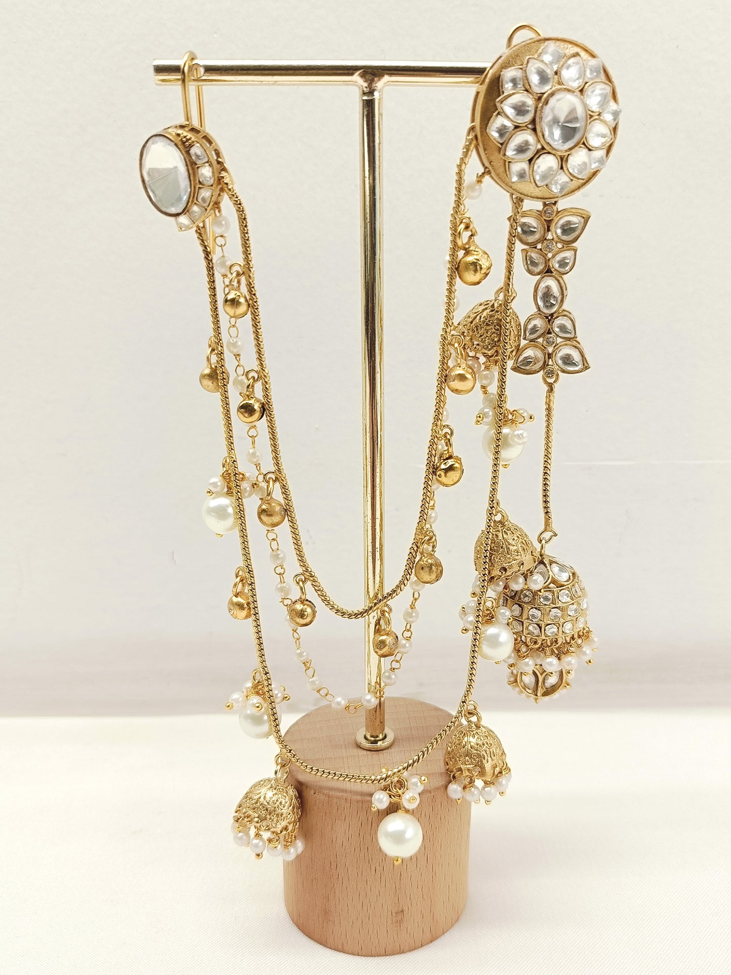 Triguni White Kundan Jhumki With Ear Chain