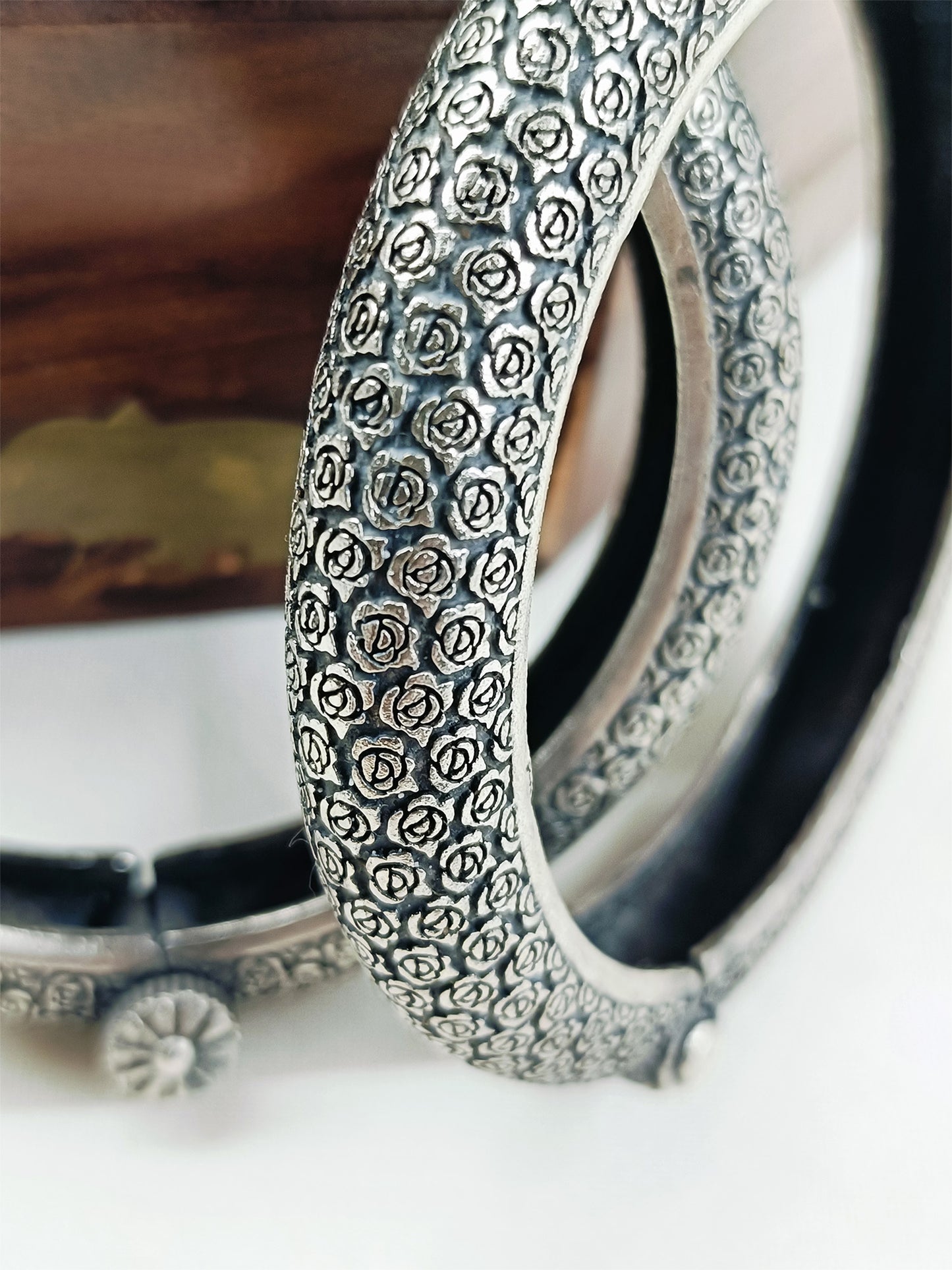 Abhigya Silver Rose Carved Oxidized Bangles
