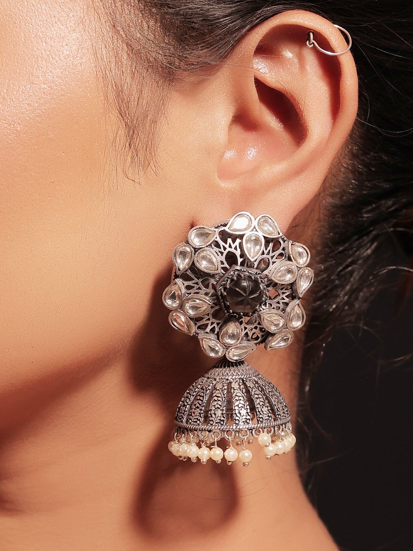 Meenal Charcoal Stone Silver Plated Boutique Jhumki