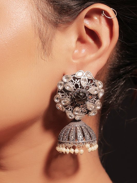 Meenal Charcoal Stone Silver Plated Boutique Jhumki