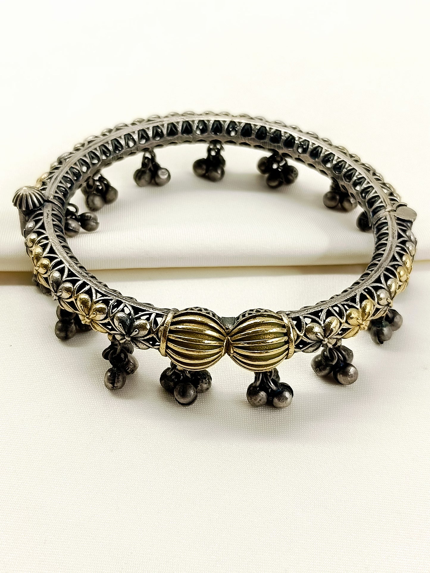 Charulata Dual-Tone Oxidized Floral Ghungroo Anklets