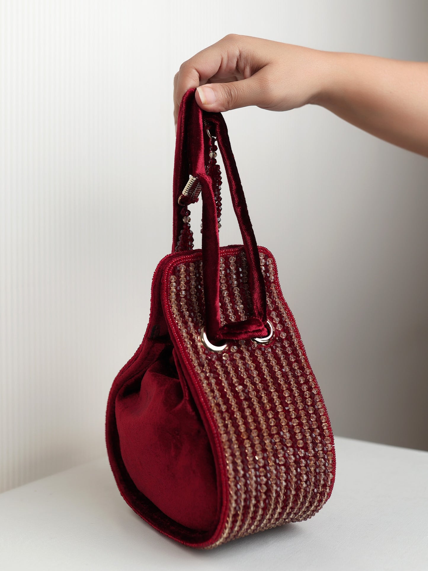 Marlee Maroon Velvet Golden Beaded Potli Bag