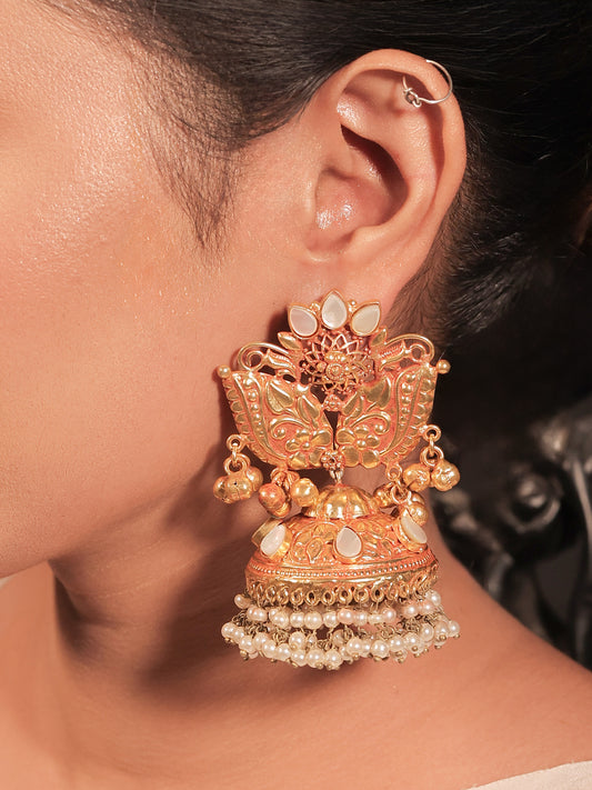 Mahi White Pearl Gold Plated Antique Jhumki