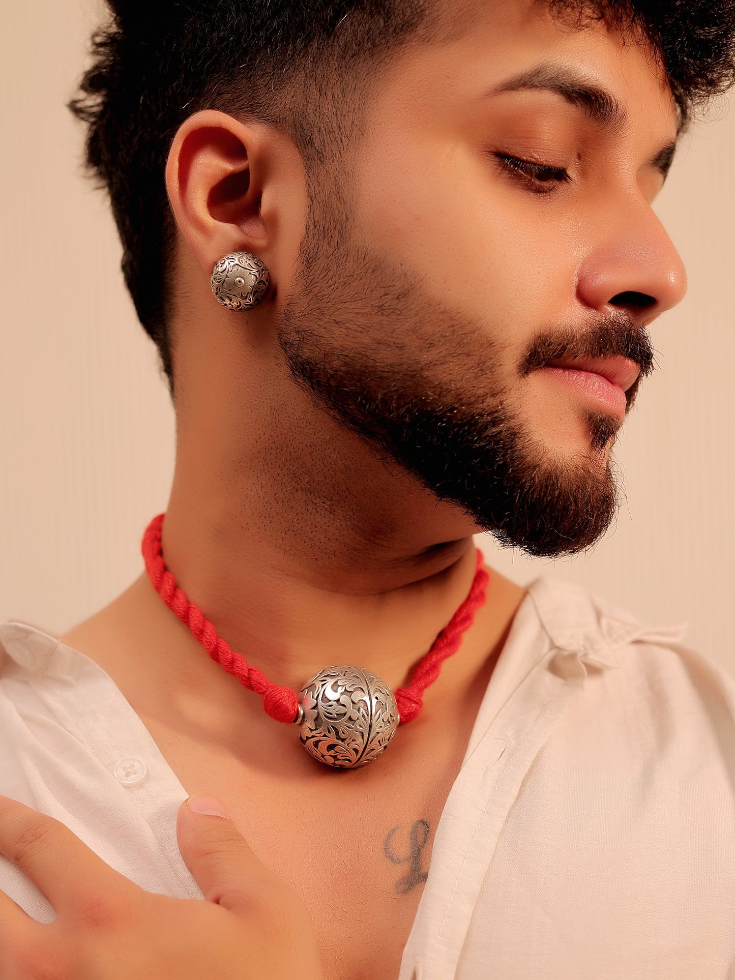Pearl Red Men's Pendant Set With Ring